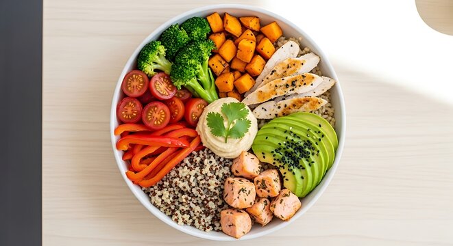 A bowl of quinoa with vegetables and chicken on a wooden table