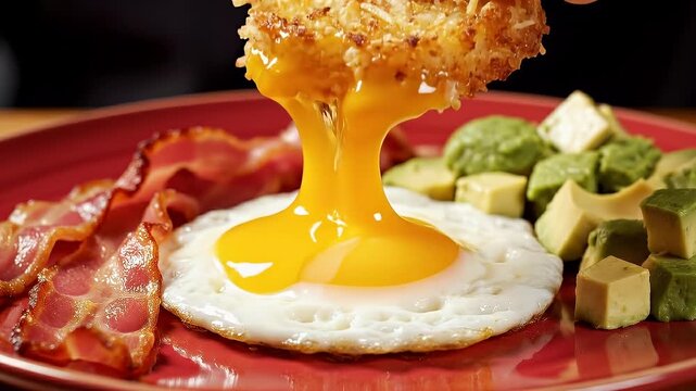 Hand dipping a crispy hash brown into a fried egg yolk on a breakfast plate