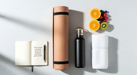Fototapeta premium A selection of healthy lifestyle items on a white surface