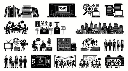 Obraz premium Education, Culture and Society Glyph Icons Set - Black White Humanities Pictograms Collection
