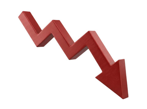 Red downward trending arrow showing financial loss during market downturn isolated on transparent background