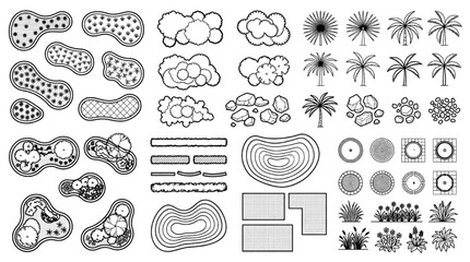 Obraz premium Landscape architecture master site plan layout symbols and topview garden design CAD blocks 