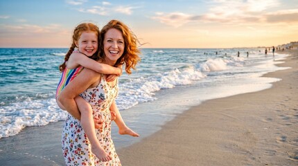 Fototapeta premium Happy mother giving her smiling daughter a piggyback ride on a sandy beach by the ocean at sunset, enjoying a beautiful summer vacation.