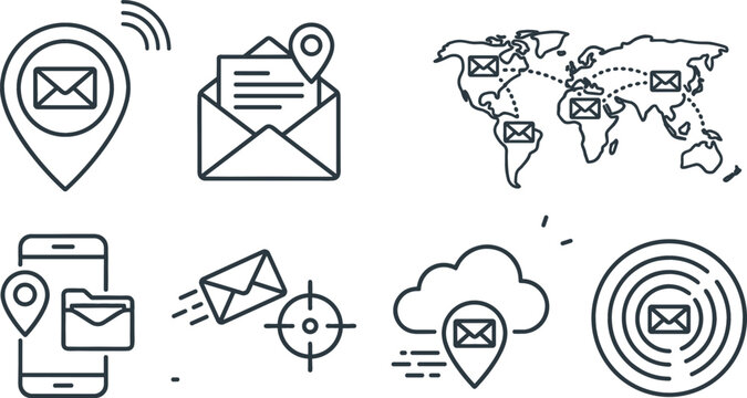 Global email tracking and logistics location line art vector icon set with world map delivery, smartphone message notification, cloud server, and navigation pins on white background.