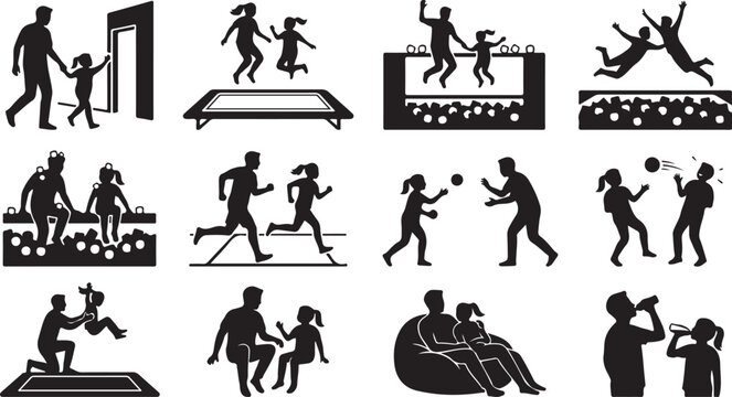 Set of silhouettes of a father and daughter playing together in an indoor playground or activity center