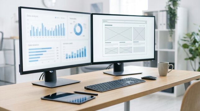 Modern Workspace with Dual Monitor Setup Displaying Business Data Analytics and Website Wireframes for Professional Work
