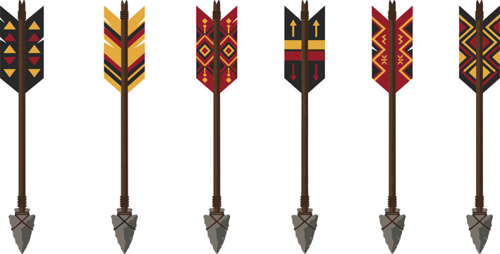 Indigenous native American style tribal arrow vector illustration set featuring colorful decorated geometric fletching patterns and stone arrowheads isolated on white background.