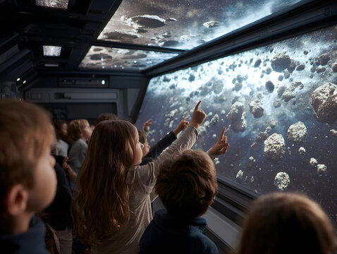 Children space asteroid tour educational group learning science exploration curiosity gather around large window observing asteroids in space expressing wonder and excitement