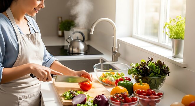 Woman in kitchen preparing salad with various vegetables on countertop