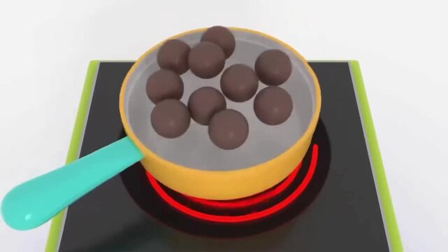 3D animated toy kitchen stove, boiling pan changing color to brown for kids
