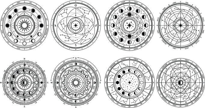 Mystical astrology and alchemy line art vector illustration collection featuring complex esoteric geometric zodiac wheels, constellation maps, and moon phases isolated on white background.