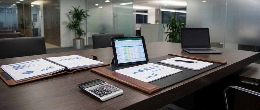 Modern business conference room table with laptop, tablet, financial reports, and calculator for data analysis