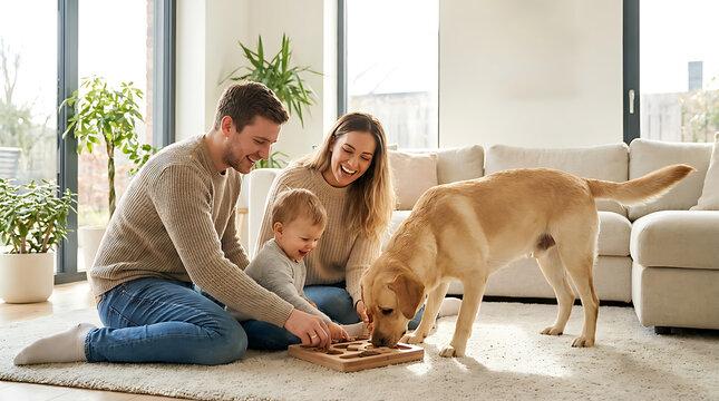 Family with baby and dog playing with puzzle toy on living room floor together
