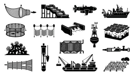 Fototapeta premium Aquaculture, Marine Industry and Water Resources Glyph Icons Collection