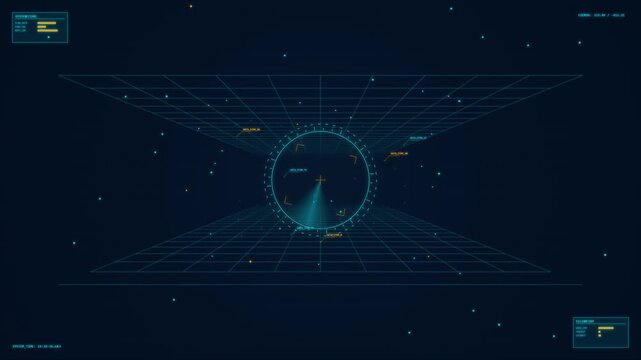 Glowing blue grid lines converge on a circle in a futuristic digital environment with geometric shapes.