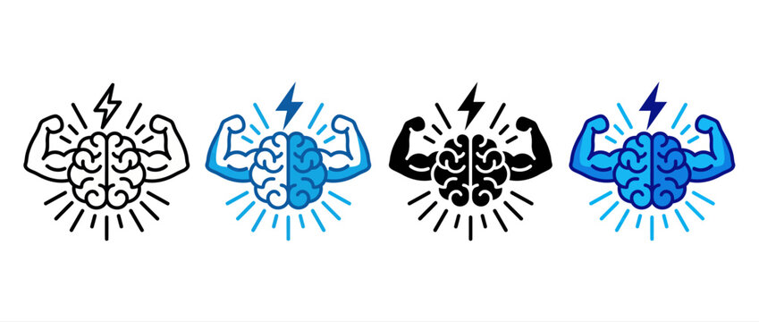 Strong brain icon set, powerful mind concept with flexing bicep arms and lightning bolt