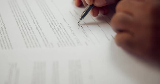 Hands, signature and person writing with document, application and compliance form for loan. Report, contract and finance agreement with paperwork, banking membership and legal notary for title deed
