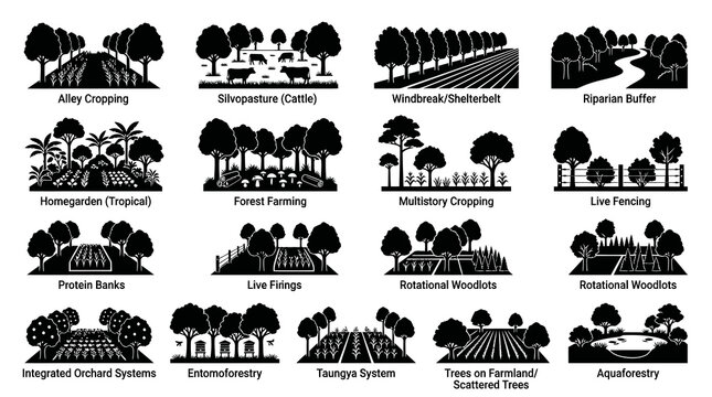 Agroforestry Systems Glyph Icons. Sustainable Agriculture, Forest Farming, and Environmental Practices