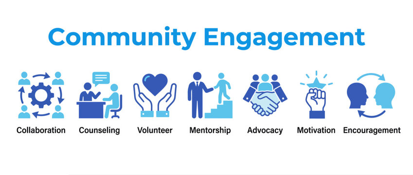 Community engagement concept with icons for collaboration, counseling, and mentorship