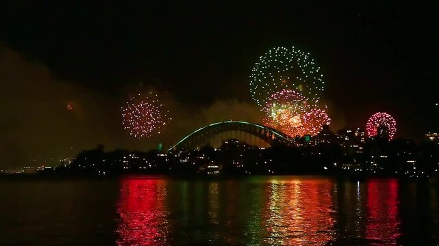 Slow Motion Sydney Harbour Bridge New Year Eve Green Fireworks Display at Midnight
