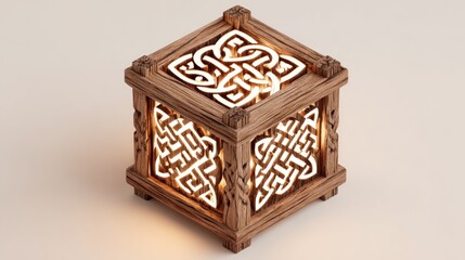 Obraz premium Intricate celtic knotwork lantern illuminated wooden box with decorative carvings