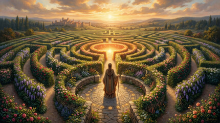 Naklejka premium Mysterious Wanderer Navigates Magical Blooming Maze Towards Golden Sunlit Castle