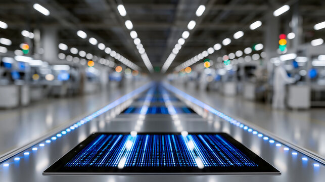 Advanced manufacturing of flexible OLED screens, background of high-end electronic production workshop