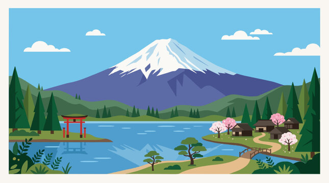 Mt Fuji landscape vector illustration. Simple flat style graphic background.