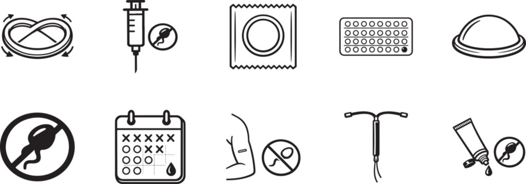 Contraception methods line icons set with editable stroke. Family planning and reproductive health.