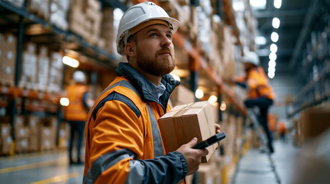 Cinematic wide shot of warehouse workers organizing cardboard inventory boxes on tall metal shelving racks under warm industrial fluorescent lighting, one worker using handheld sca