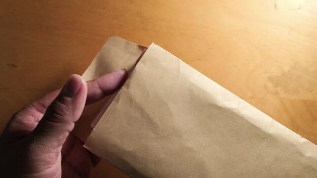 Hands putting Chinese Yuan banknotes inside a brown paper envelope during a cash transaction.