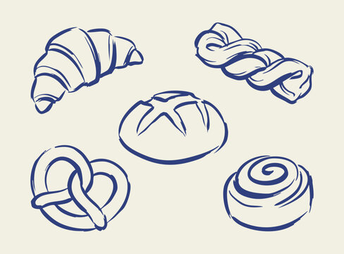 Bakery bread doodle set hand drawn croissant pretzel bun and cinnamon roll blue line art illustration