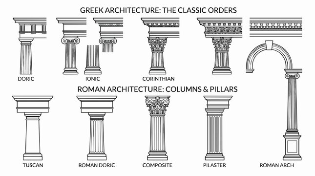 Line Greek pillars and Roman columns, ancient architecture and antique buildings, vector icons. Greece or Rome architecture column pillars of marble stone in line art with pilasters and ornate cornice