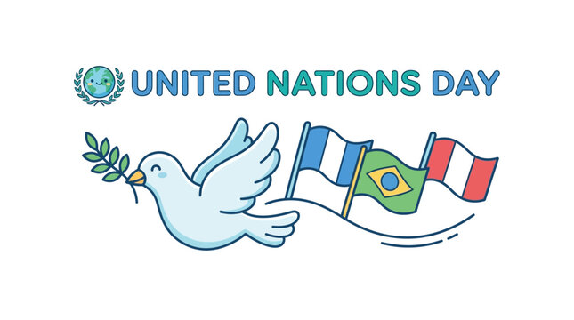 United Nations Day Celebration Illustration with Peace Dove and International Flags