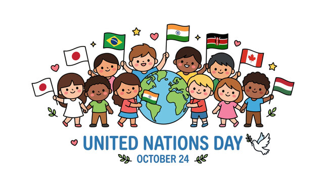 United Nations Day Celebration with Diverse Children and Global Flags