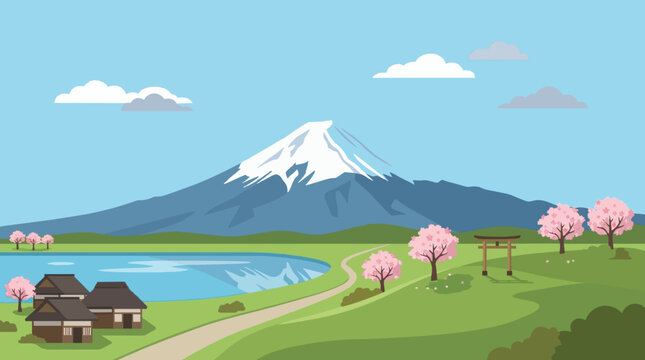 Mt Fuji landscape vector illustration. Simple flat style graphic background.