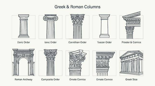 Line Greek pillars and Roman columns, ancient architecture and antique buildings, vector icons. Greece or Rome architecture column pillars of marble stone in line art with pilasters and ornate cornice
