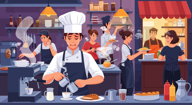 Chef preparing coffee and food in busy restaurant kitchen with staff