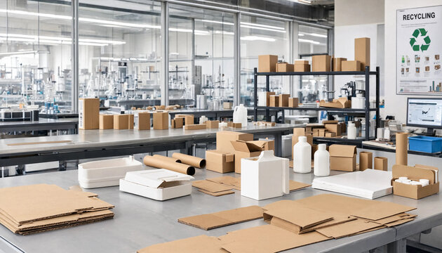 Research laboratory workspace with cardboard packaging prototypes, plastic bottles, and shelving units filled with boxes in a bright environment
