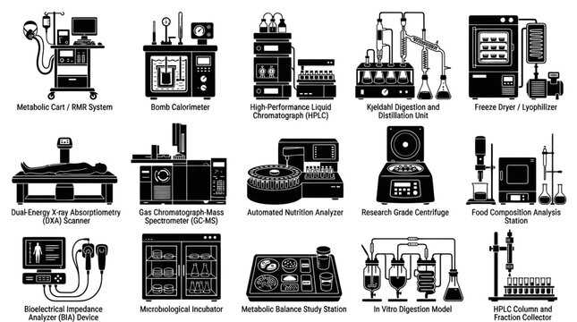 Black  White Science Laboratory Equipment Glyphs - Nutrition, Metabolic Research  Medical Instruments Icons