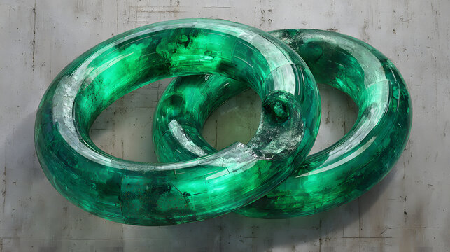 Translucent green abstract rings hyper realistic style intertwined on textured concrete wall vibrant color modern art futuristic glossy surface emotional energy