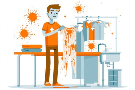 A person handles contaminated clothing and prepares to flush the area with water for treating a chemical burn in a medical room
