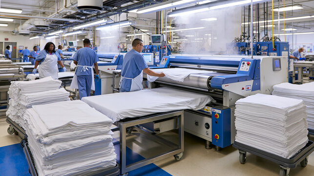 Wide editorial photograph inside large hospital laundry facility, workers feeding bed linens into industrial flatwork ironer machine, stacks of folded white sheets on rolling carts