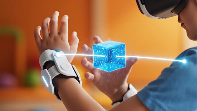 Boy using VR headset and haptic wristband to interact with glowing holographic cube.