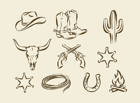 Western cowboy doodle set hand drawn wild west ranch icons with hat boots cactus and skull line art illustration