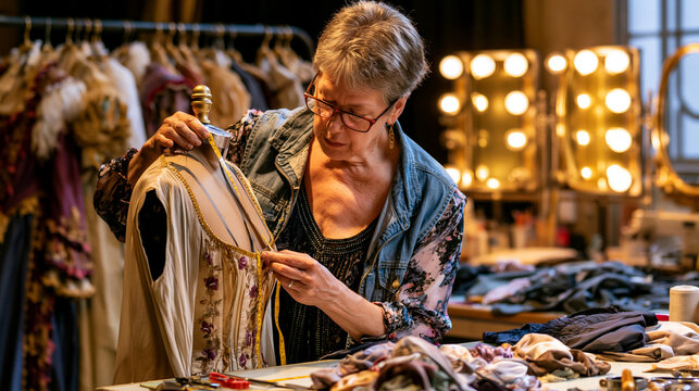 Candid behind-the-scenes photograph inside theatre costume department before evening performance, costume designer pinning alterations on dress form, rack of elaborate period costu