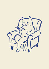 Fototapeta premium Cute cat reading book doodle vector illustration in armchair with cozy hand drawn pet line art