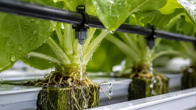 Sustainable greenhouse technology hydroponic lettuce irrigation roots water drip nourishing visible water droplets vibrant leafy green plants healthy