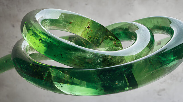 Green translucent coil abstract glass sculpture hyper realistic vibrant color modern art smooth texture reflective surface contemporary creative emotional expression