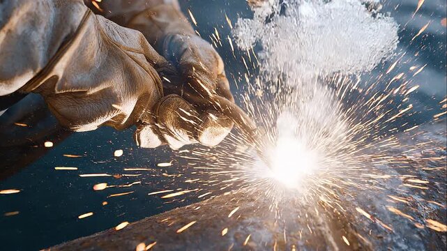 Close-up of an underwater welder's gloved hands guiding an electrode to a corroded pipe seam, sparks scattering into dark water, bubbles streaming upward from the welding arc,
